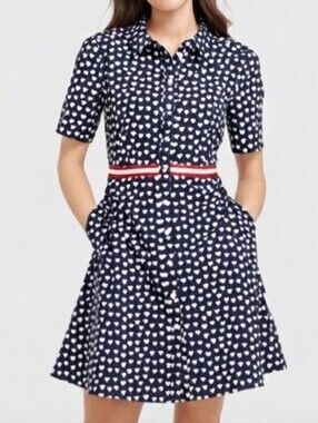 Draper James Navy Blue White Heart Print Button Front Shirt Dress Size 12